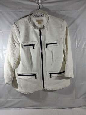 Michael Kors Women’s 16W White Textured Zip Jacket Blazer – Fringe Trim Pockets